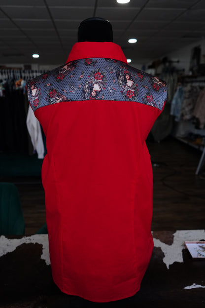 2XL - Gray Traditional Cowgirl on Red Cotton Button Down