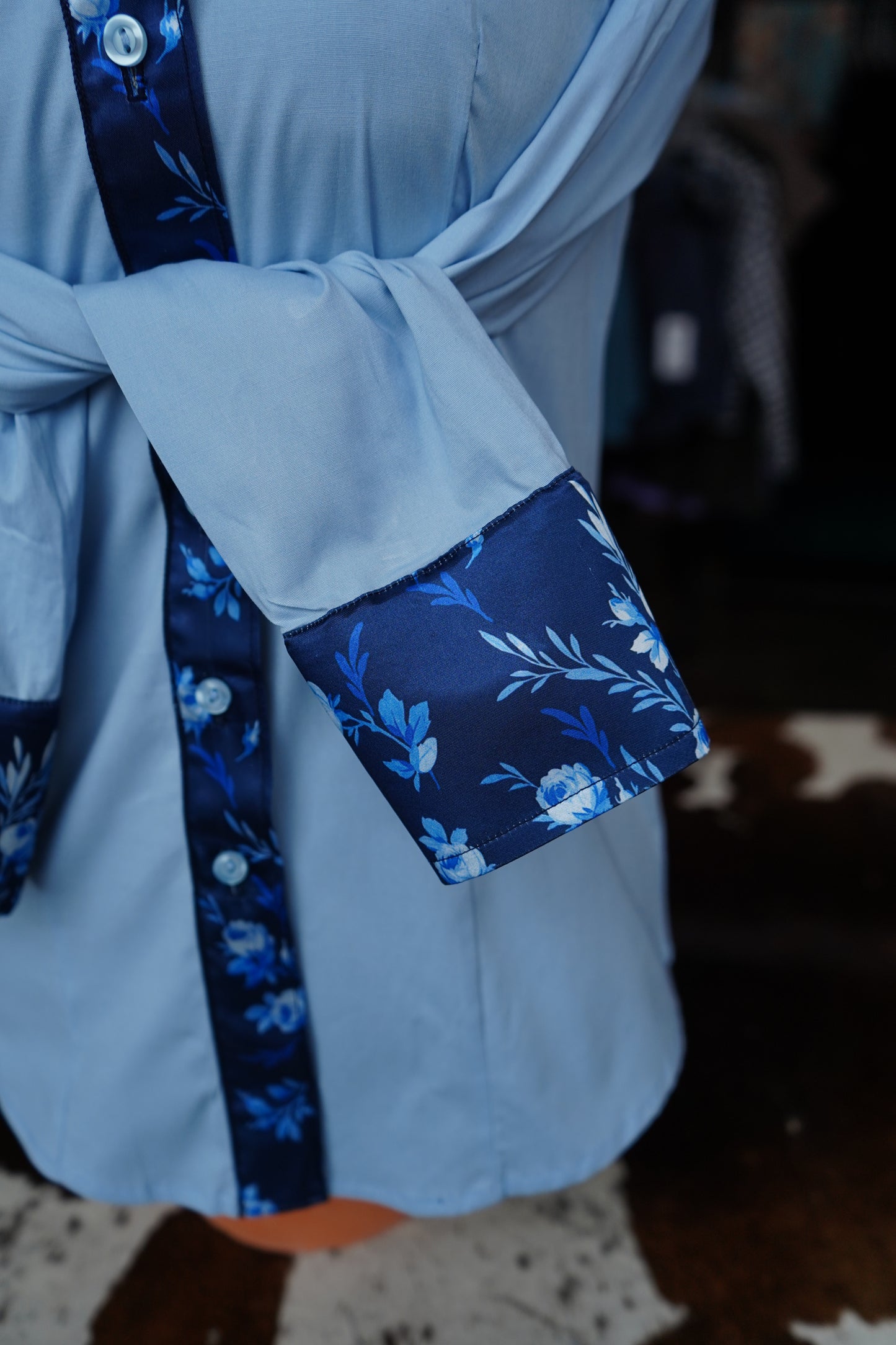 S - Navy & Blue Floral on Baby Blue Cotton Button Down