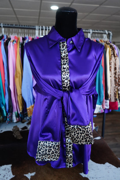 2XL - Cheetah on Purple Satin Button Down