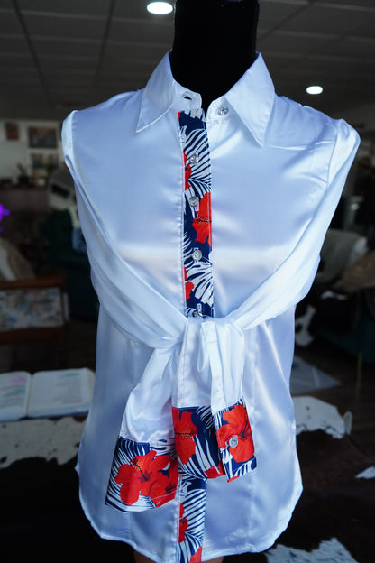S - Patriotic Hibiscus Floral on White Satin Button Down
