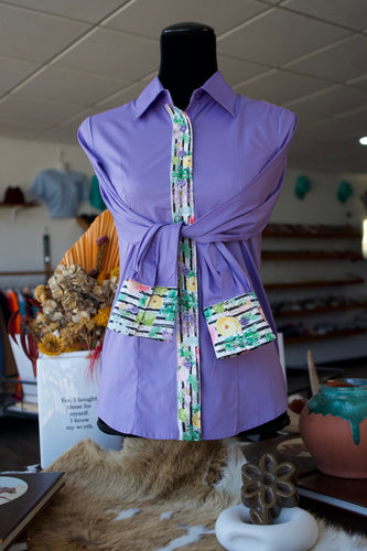 S - Pastel Flowers on Stripes on Lavender Cotton Button Down