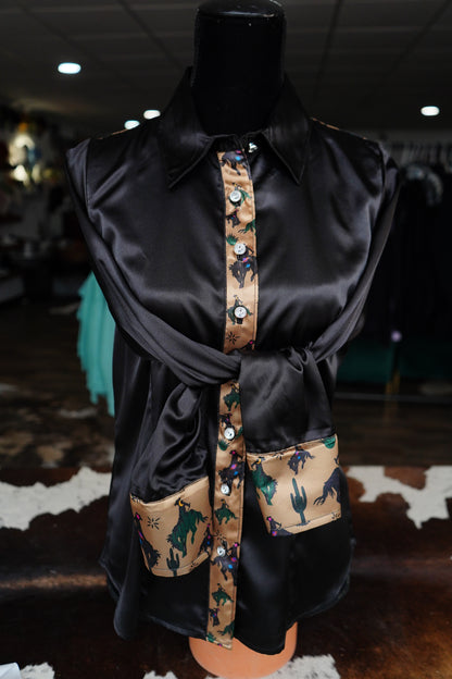 L - Space Cowboy on Black Satin Button Down