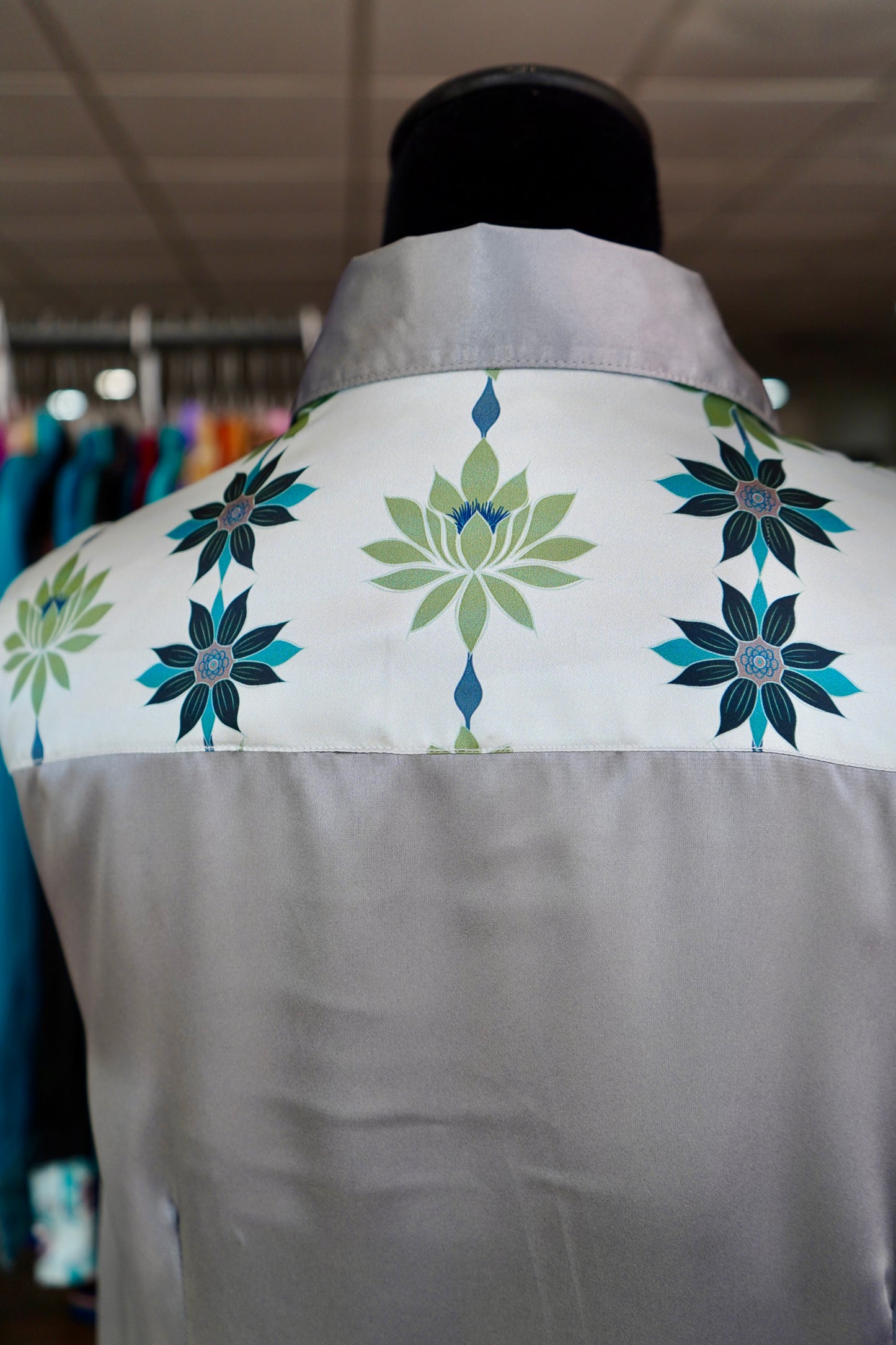 2XL - Green Lotus Flowers on Silver Satin Button Down