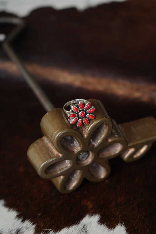 Red Coral Flower Ring - Sz 9.5