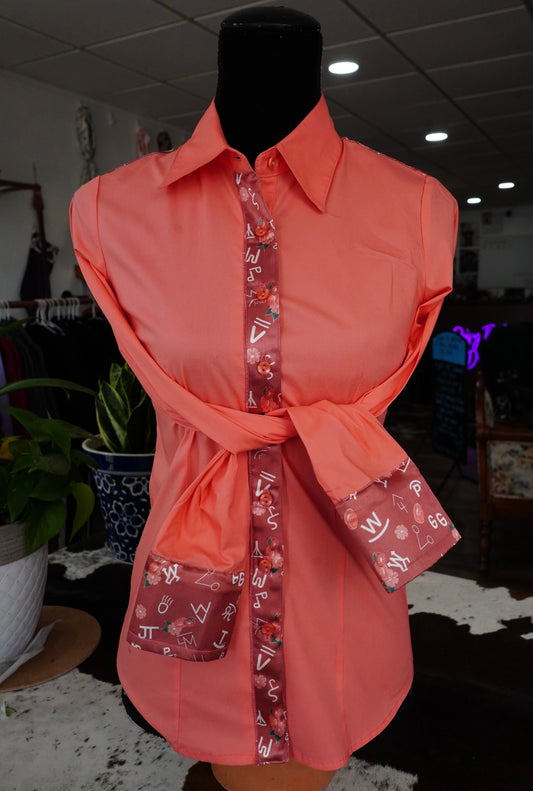 S - Pink Daisy Brands on Coral Cotton Button Down