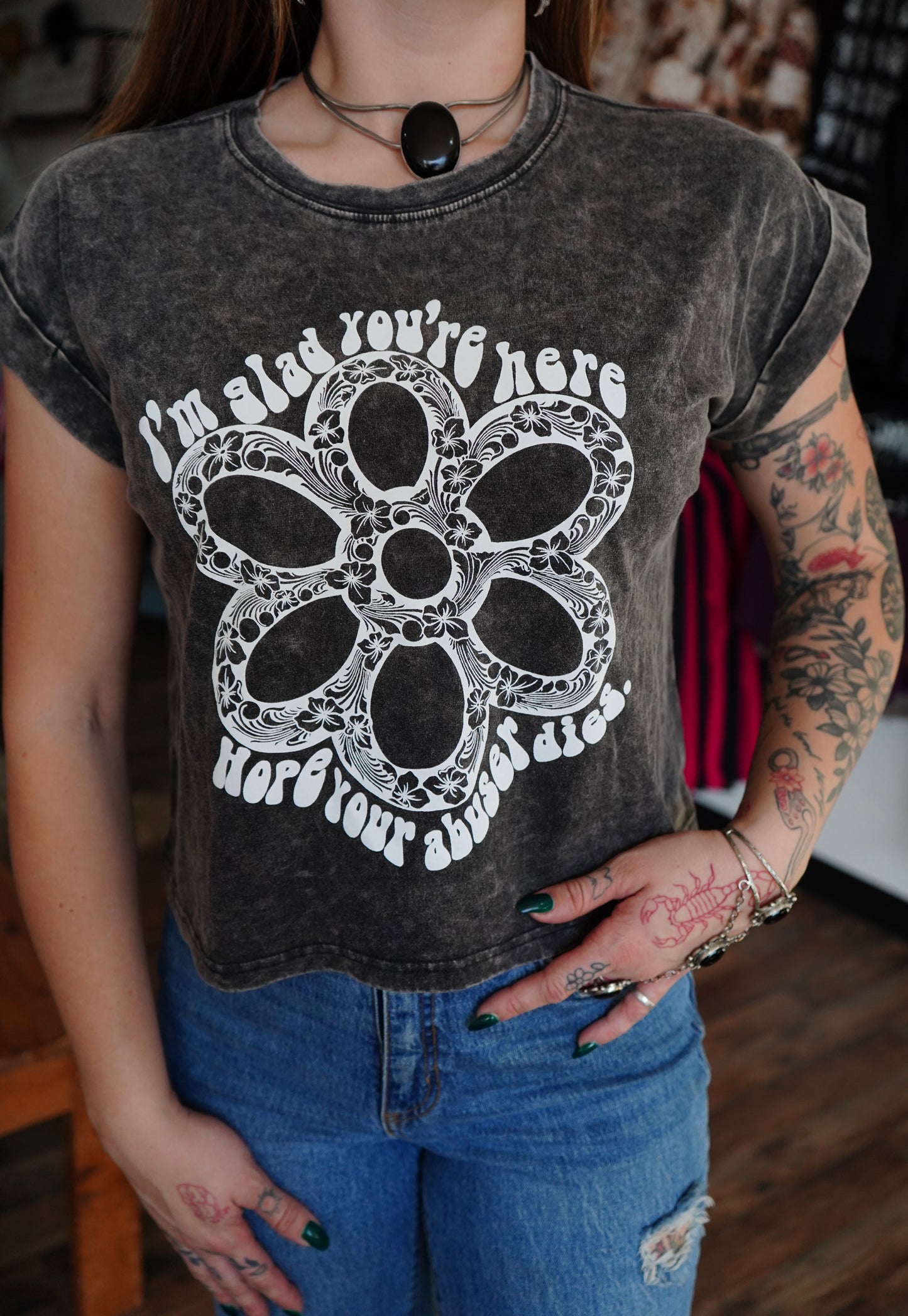 Daisy Hope - Ash Black Washed Cotton Cuffed Short Sleeve Top