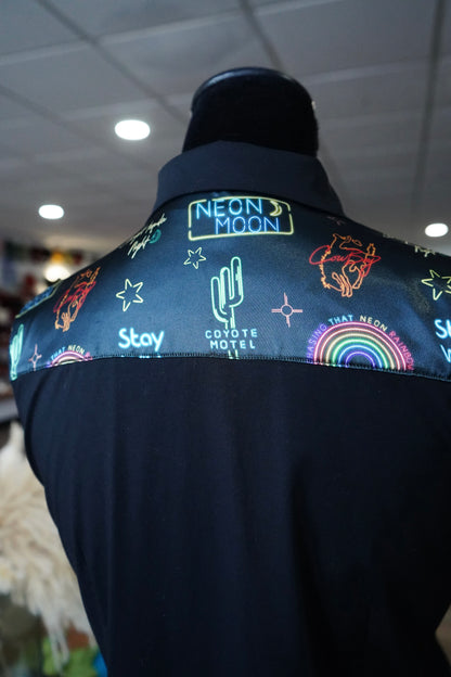 S - Neon Moon on Black Cotton Button Down