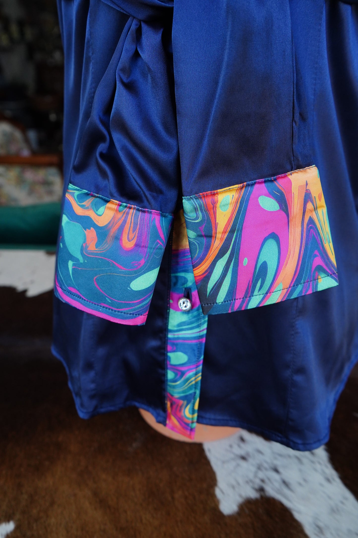 M - Turquoise & Pink Oil-spill on Navy Satin Branded Button Down