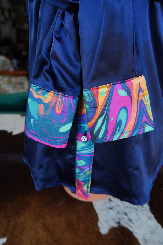 M - Turquoise & Pink Oil-spill on Navy Satin Branded Button Down