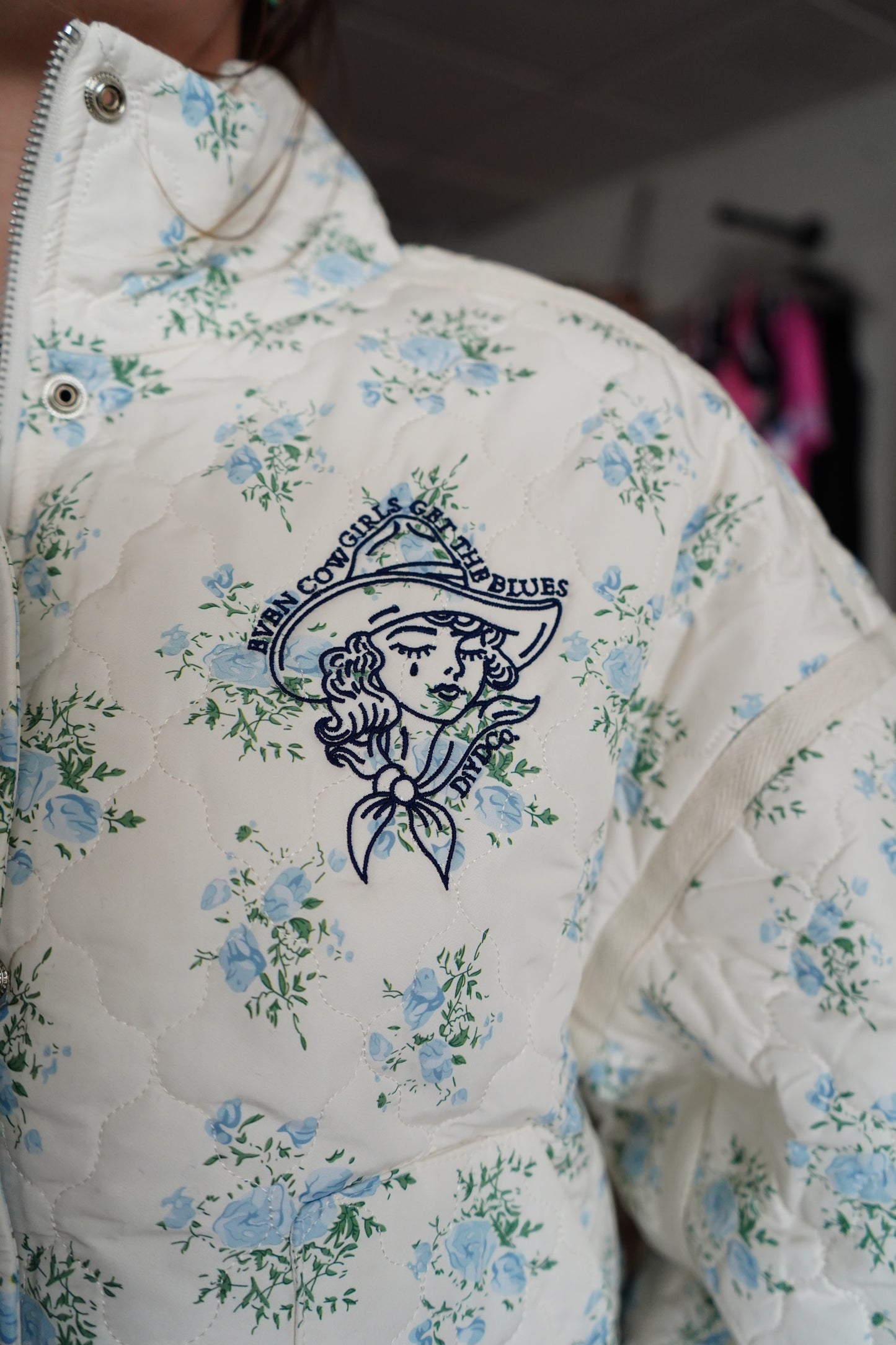 Cowgirls Cry - Embroidered Blue Floral Rose Zip Button Up Jacket