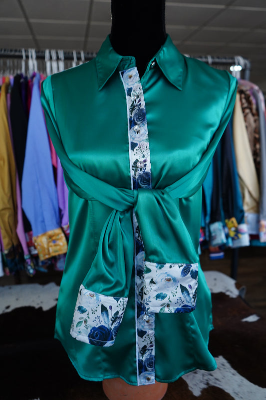 M - Navy Feather Floral on Emerald Satin Button Down