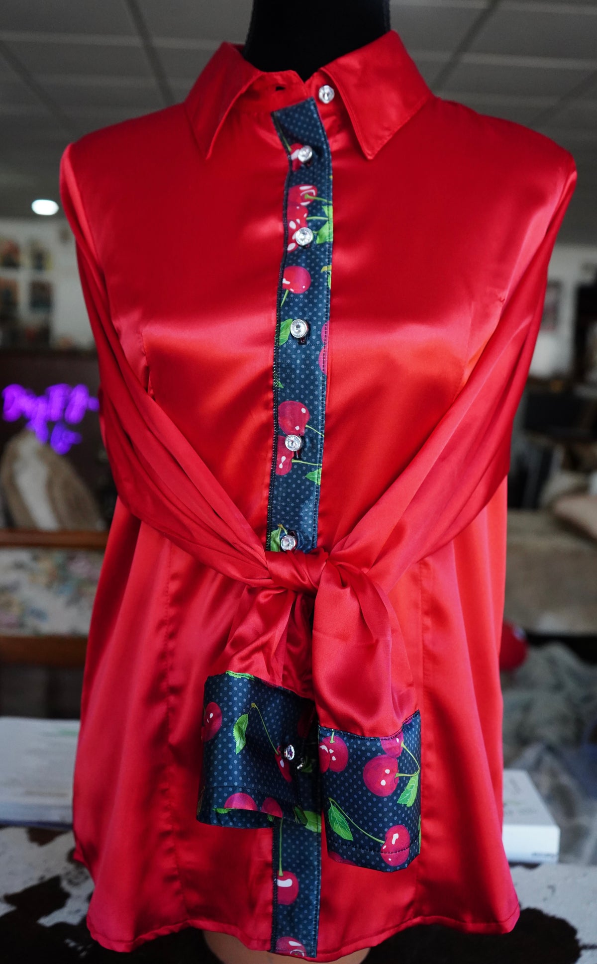 L - Polka Dot Cherries on Red Satin Button Down