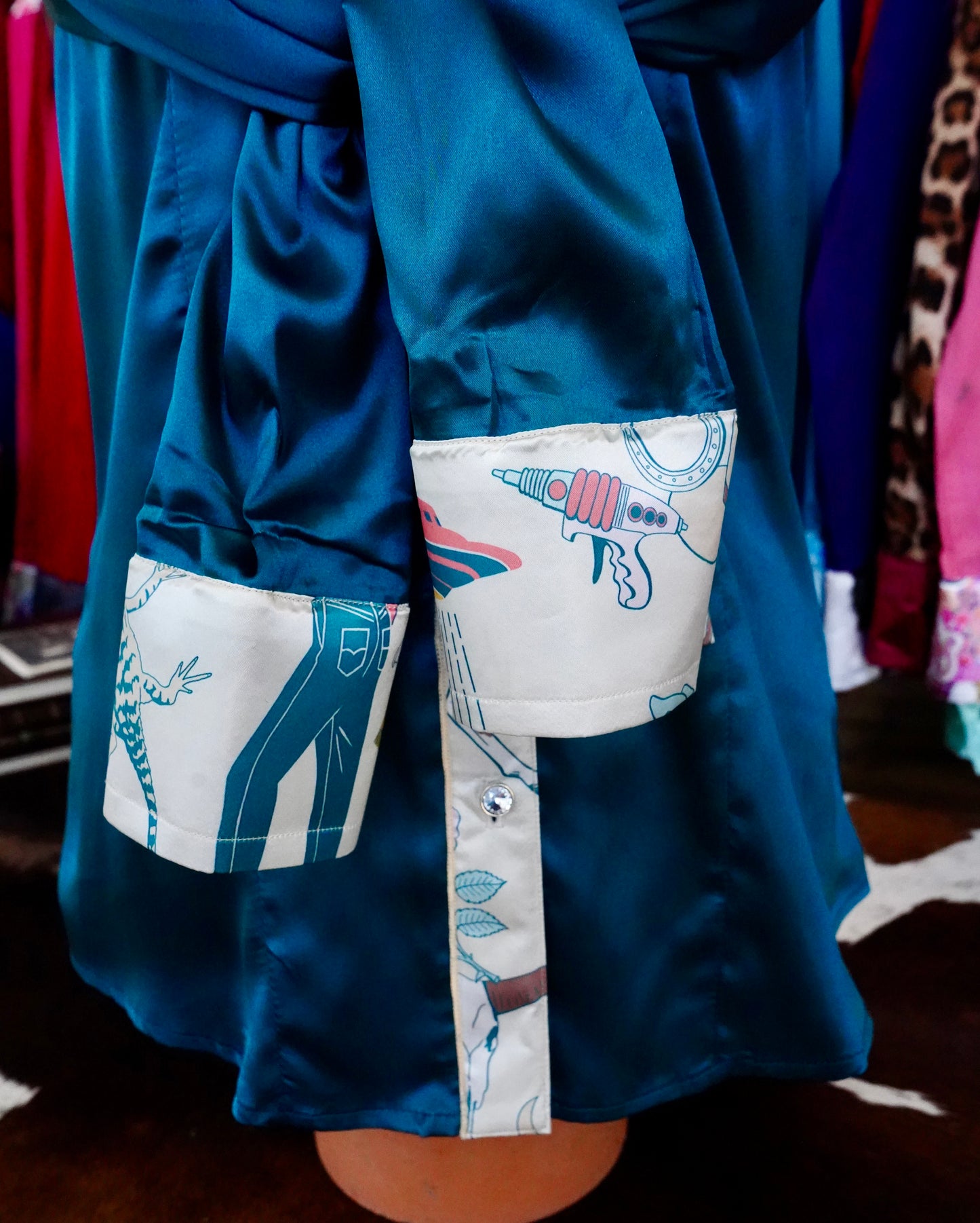 M - Cowboys & Aliens on Teal Satin Button Down