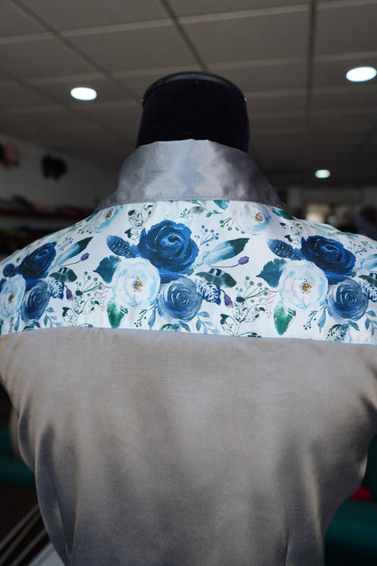 M - Navy Feather Floral on Silver Satin Button Down