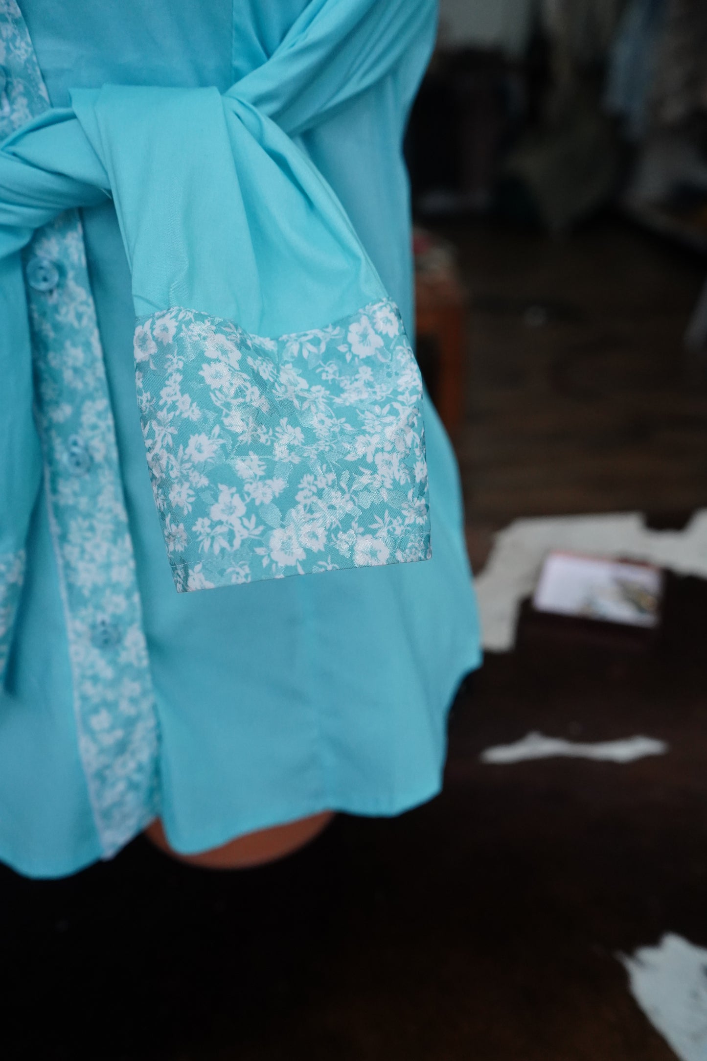 M - Turquoise & White Flowers on Baby Blue Cotton Button Down