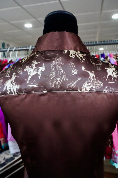 S - Brown Cowboy Sketches on Brown Satin Button Down