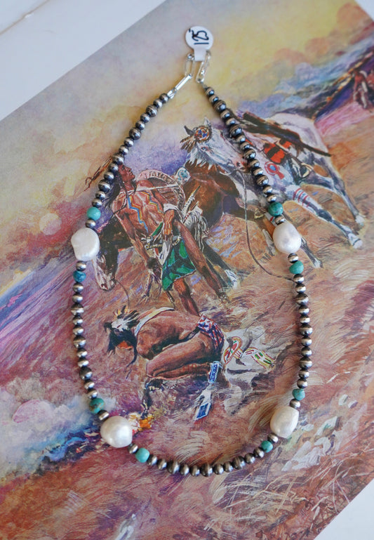 Sterling Silver Pearls w/ MOP & Turquoise Necklace - 16”