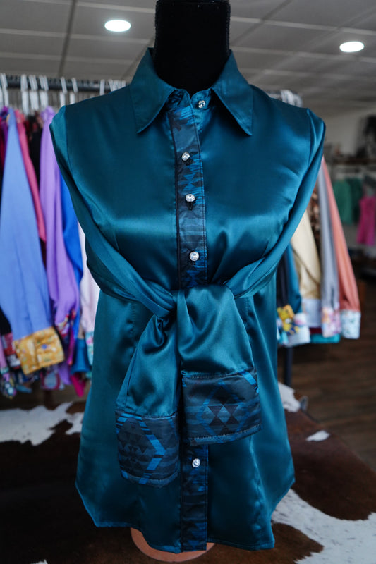 M - Teal Daisy Aztec on Teal Satin Button Down