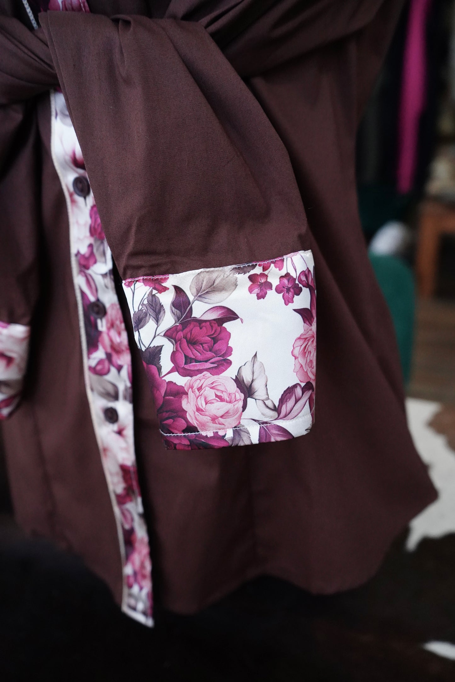 XL - Burgundy & Cream Floral on Brown Cotton Button Down