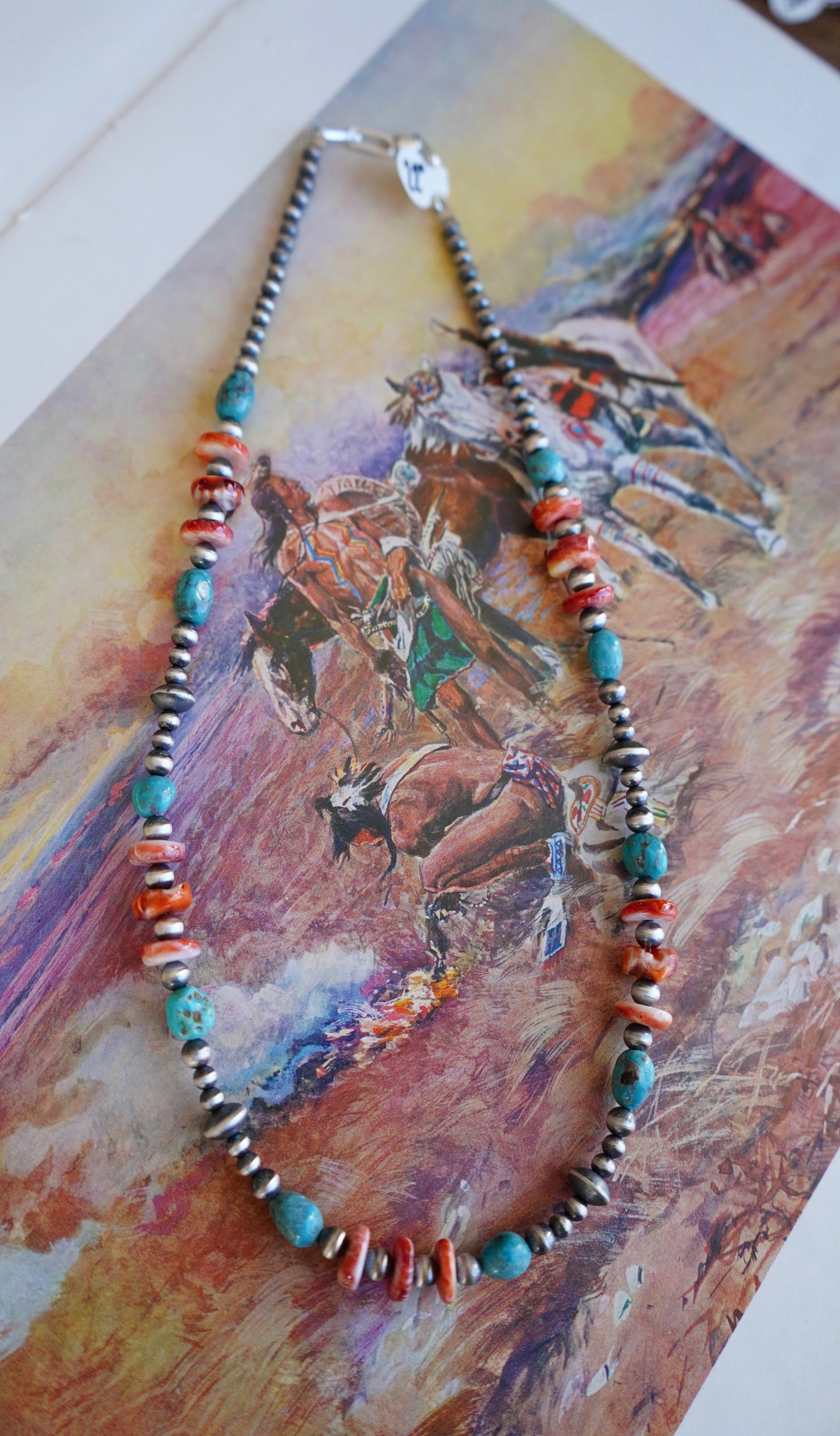 Sterling Silver Pearls w/ Orange Spiny & Turquoise Necklace - 22”