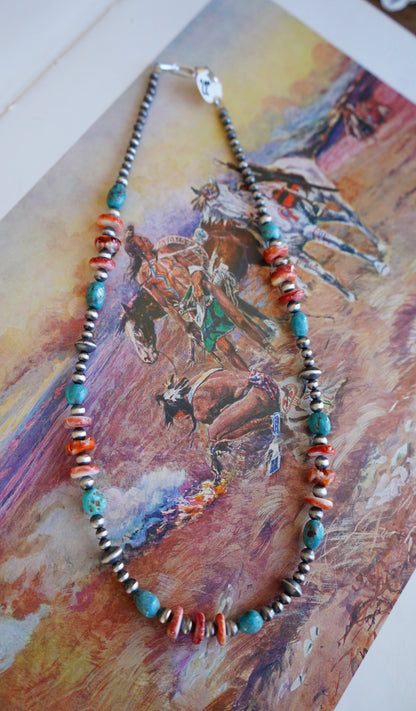 Sterling Silver Pearls w/ Orange Spiny & Turquoise Necklace - 22”