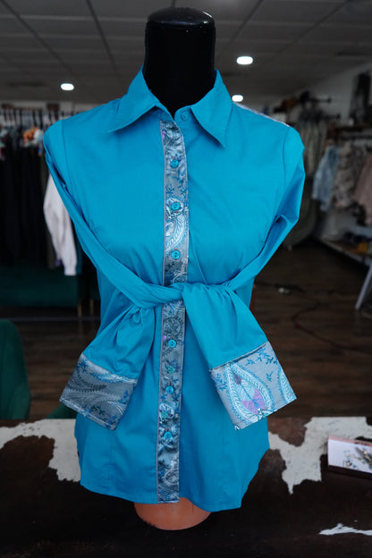 M - Gray Boho Paisley on Teal Cotton Button Down