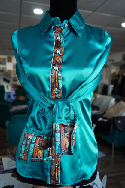 S - Teal Feathers on Emerald Satin Button Down