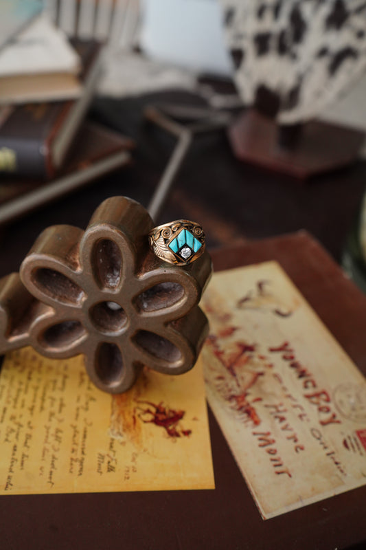Vintage Gold & Turquoise w/ CZ Ring - Sz 9