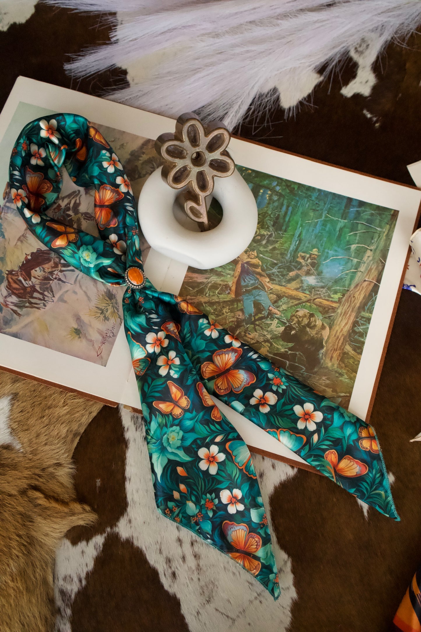 Teal & Orange Butterfly Floral Wild Rag