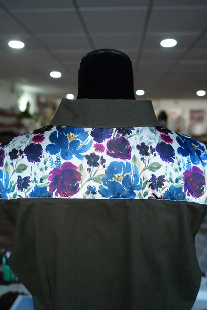XL - Plum Floral on Olive Cotton Button Down