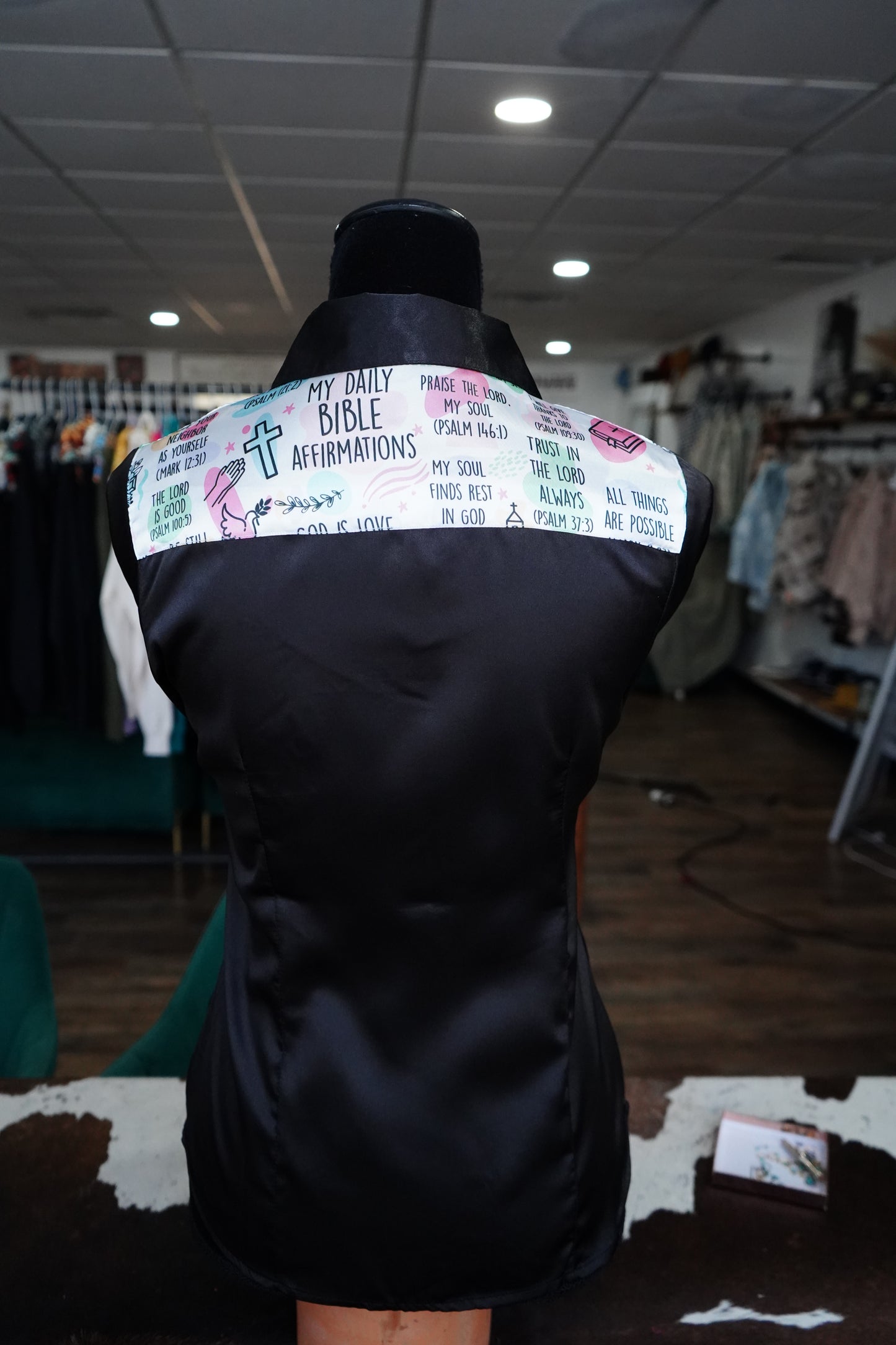 S - Faith Patches on Black Satin Button Down