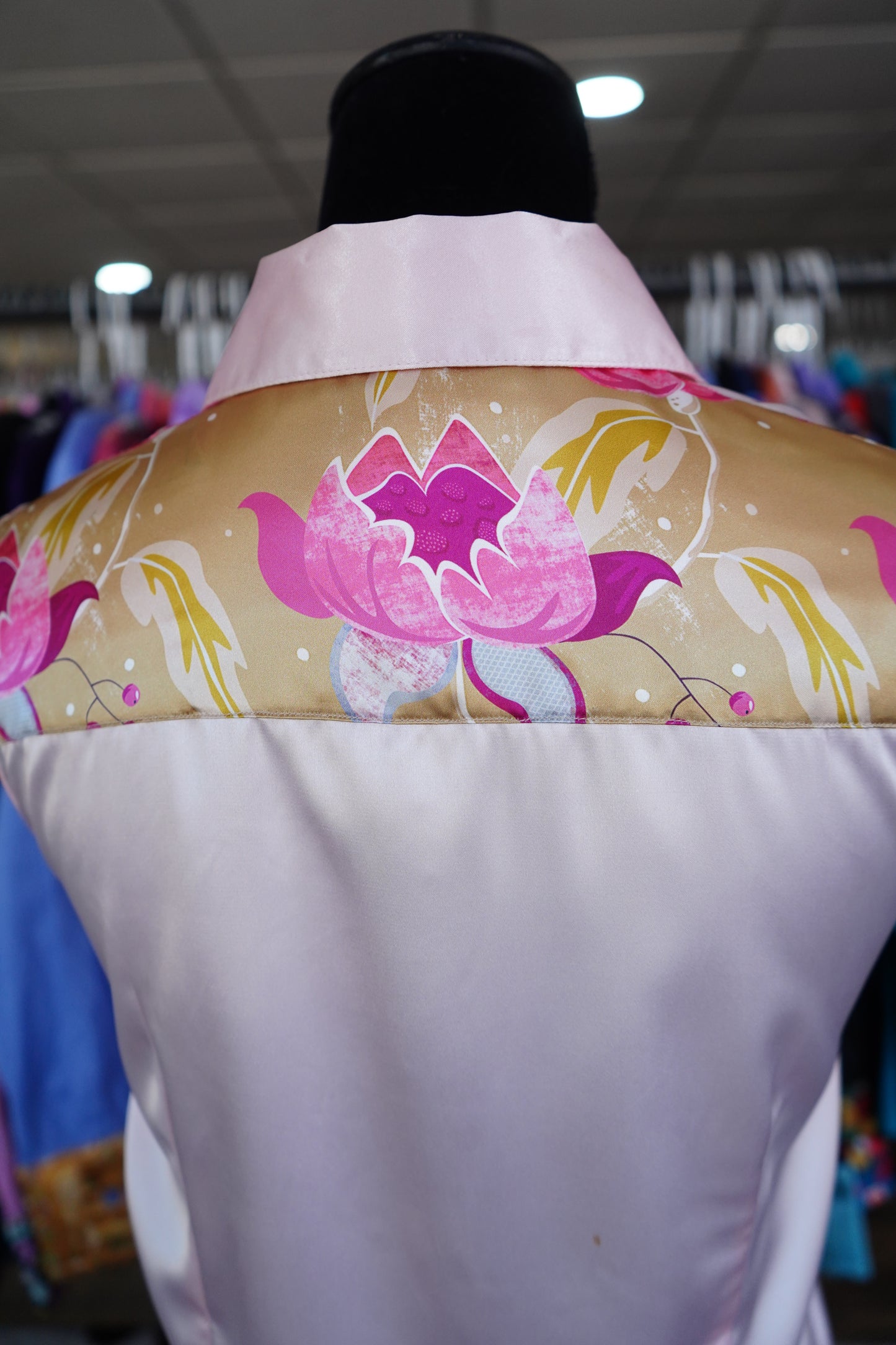 L - Gold & Pink Floral on Light Pink Satin Button Down