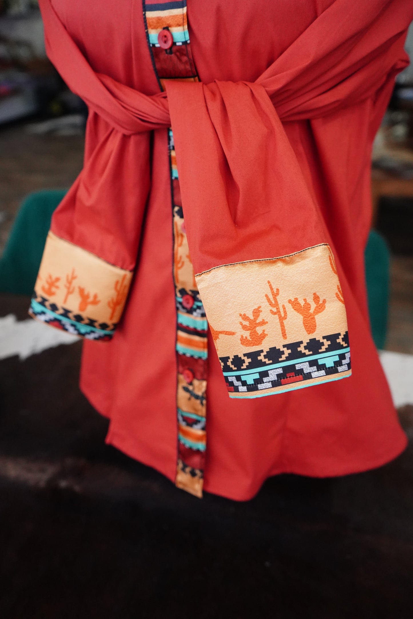 XL - Gecko Stripe on Rust Red Cotton Button Down