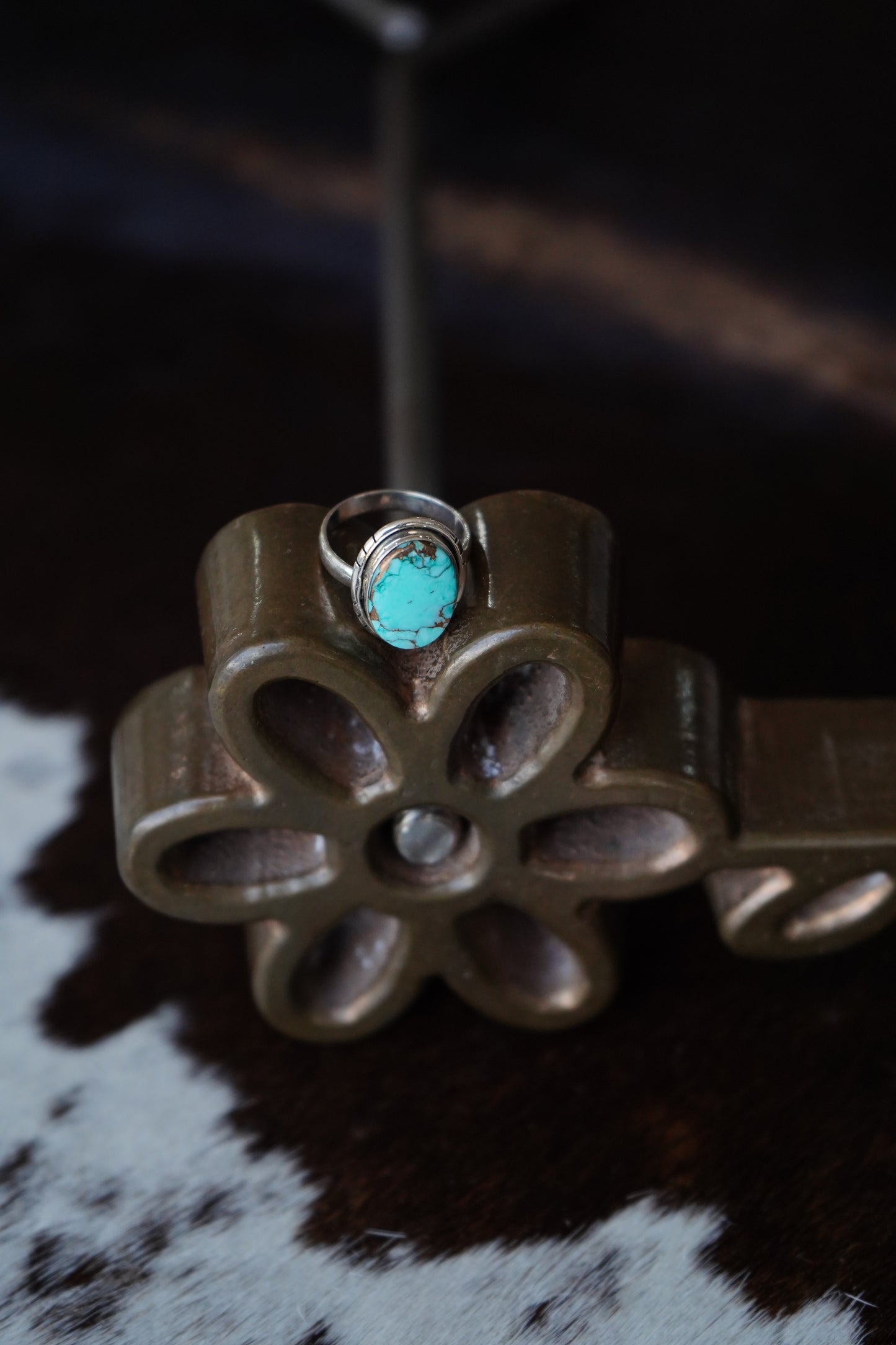 Round Turquoise w/ Stamped Border Ring - Adj