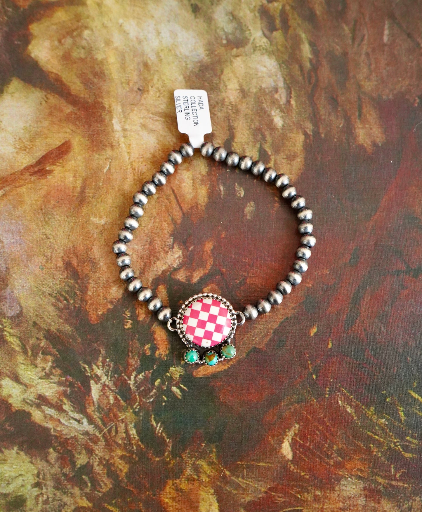 4mm Sterling Silver Pearl w/ Kingman Turquoise & Checkered Stretchy Bracelets