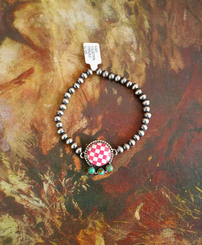 4mm Sterling Silver Pearl w/ Kingman Turquoise & Checkered Stretchy Bracelets