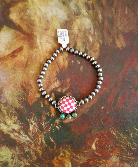 4mm Sterling Silver Pearl w/ Kingman Turquoise & Checkered Stretchy Bracelets