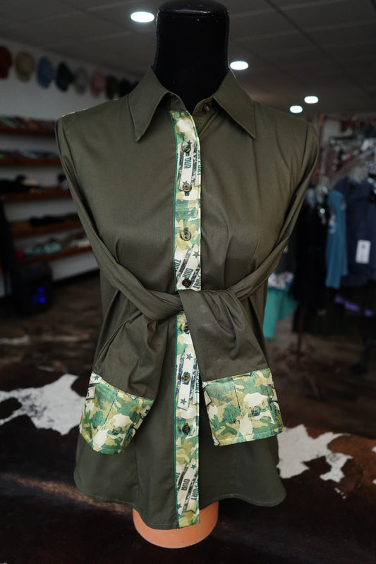 L - Military Night on Olive Cotton Button Down