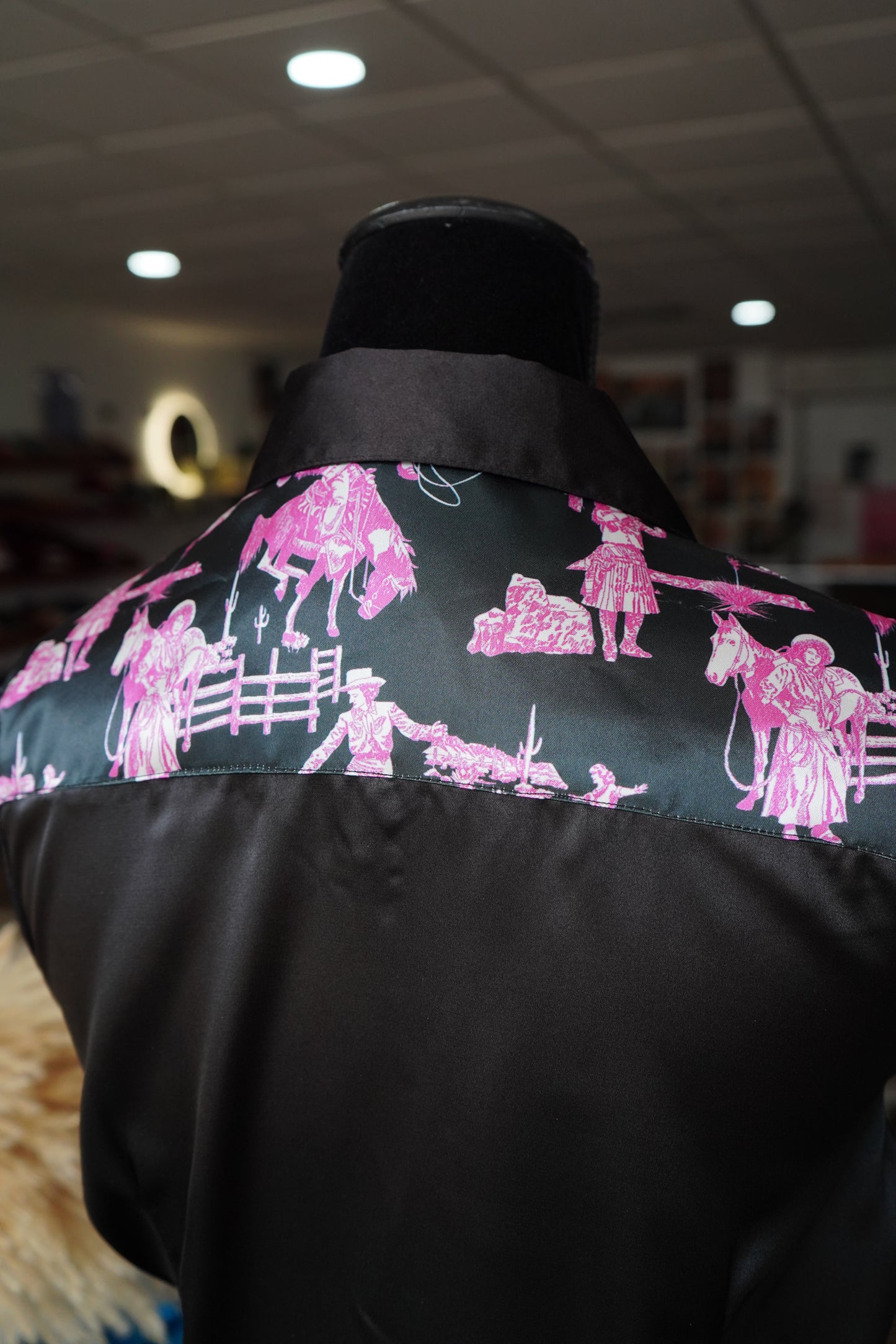 L - Pink Cowgirl Scene on Black Button Down