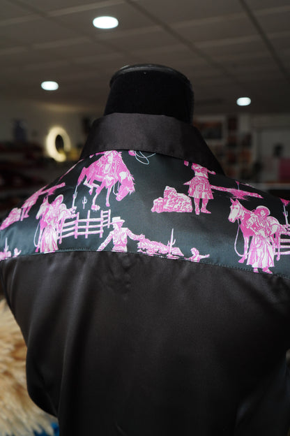 L - Pink Cowgirl Scene on Black Button Down