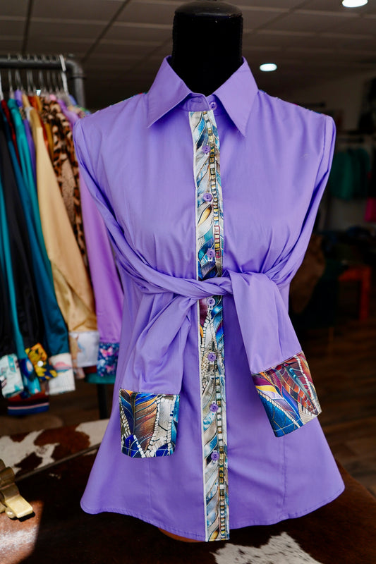 XL - Jeweled Feathers on Lavender Cotton Button Down