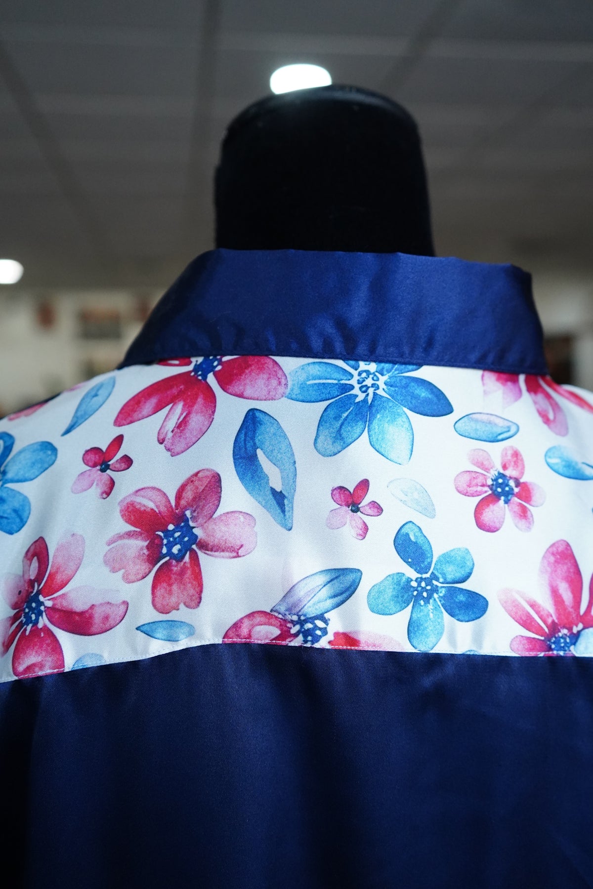3XL - Watercolor Patriotic Floral on Navy Satin Button Down