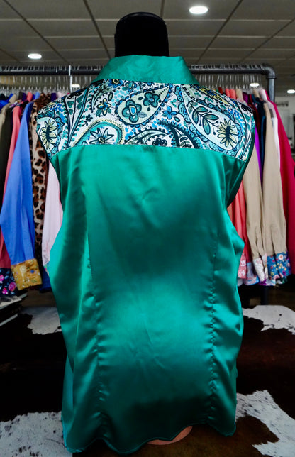 2XL - Emerald Floral Paisley on Emerald Satin Button Down