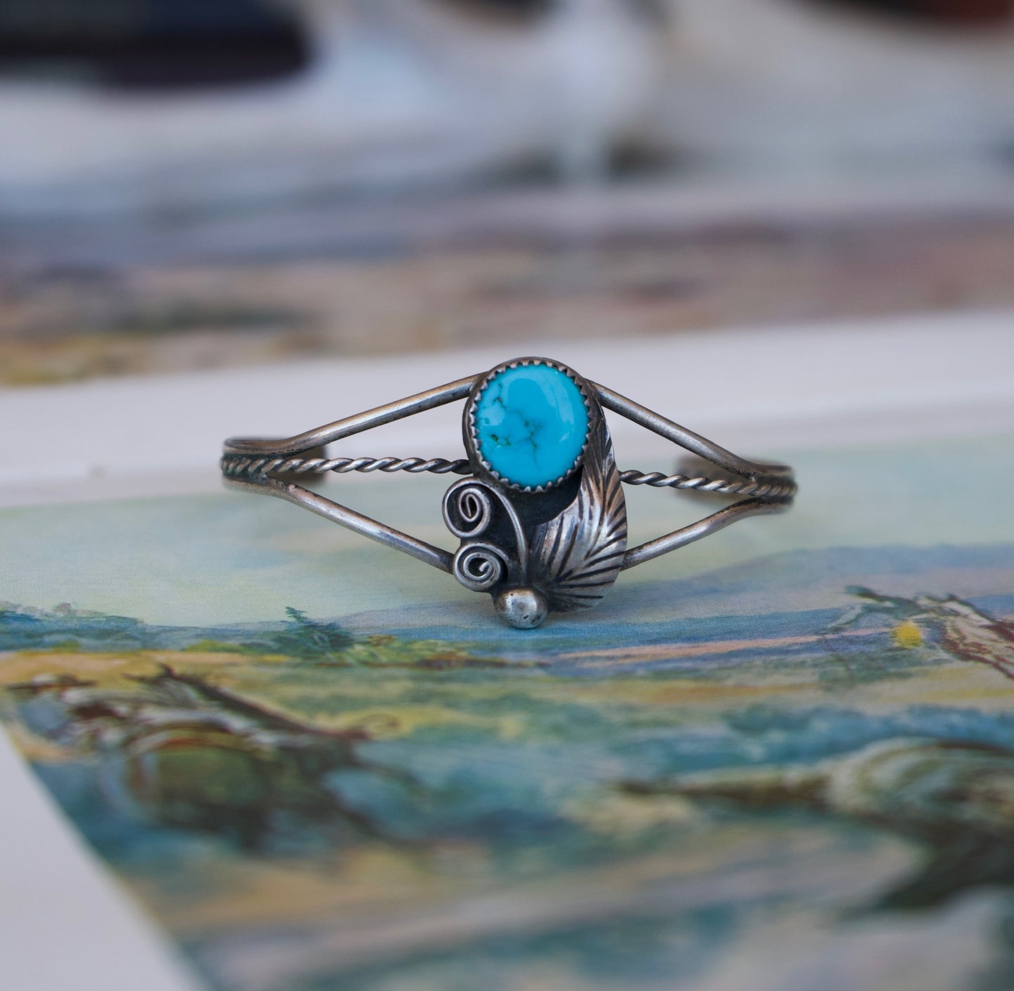 Vintage Turquoise Silver Leaf Cuff