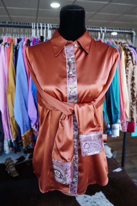L - Mauve Boho Paisley on Rust Satin Button Down