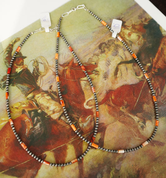 Sterling Silver Pearls w/ Skinny Orange Spiny Beads Necklaces