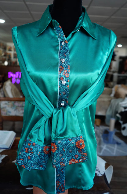 M - Teal & Rust Floral Paisley on Emerald Satin Button Down