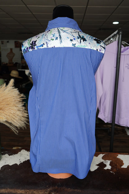 2XL - Watercolor Leaves & Flowers on Denim & White Striped Button Down