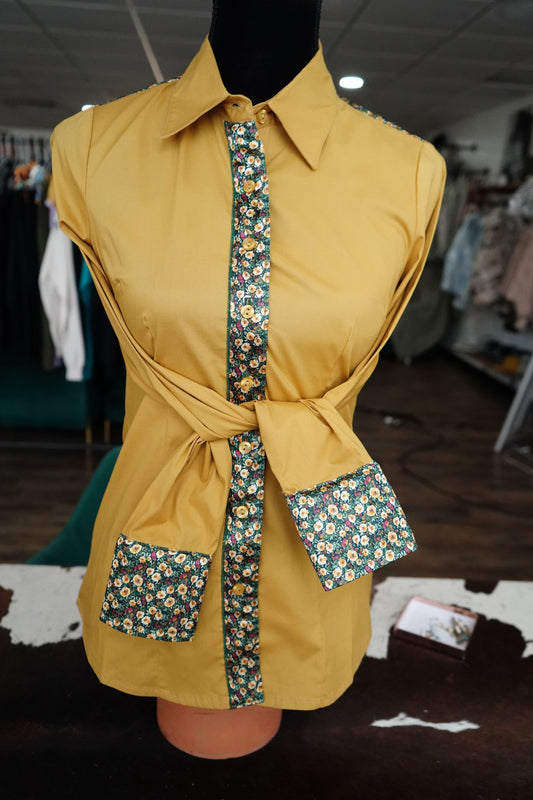 S - Tiny Autumn Floral on Mustard Cotton Button Down