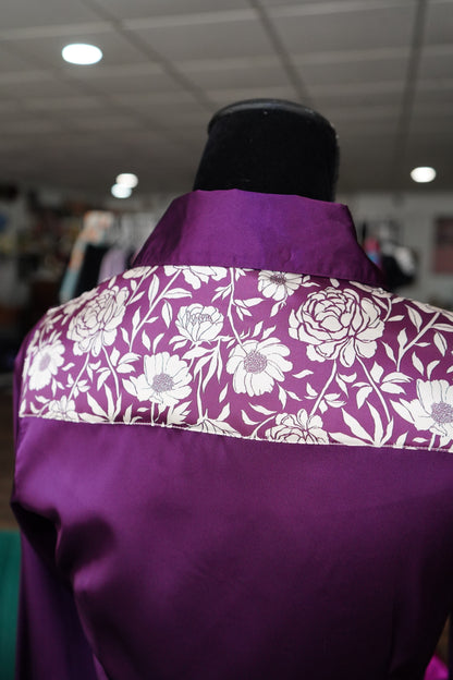 S - Purple & Cream Floral on Purple Satin Button Down